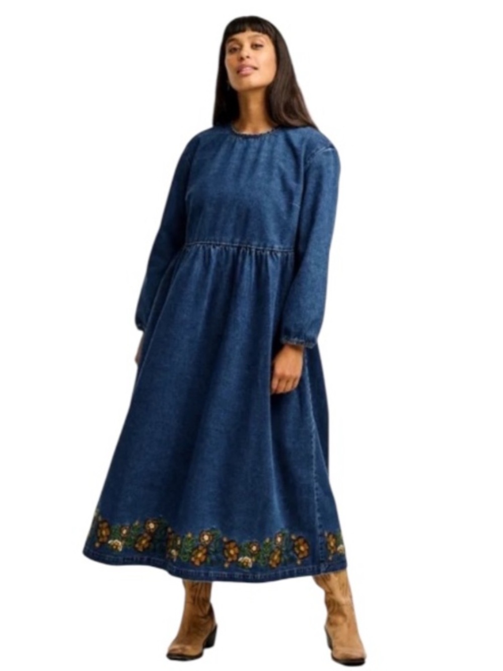 Lucy & Yak Maeve Midi Dress Denim With Myrtle Embroidery Blue Size UK20 US16